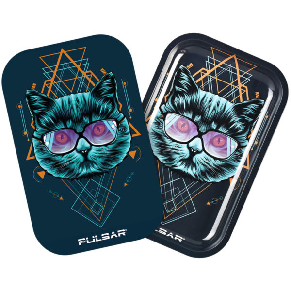 Pulsar Metal Rolling Tray w/ 3D Lid | 11"x7" Sacred Cat Geometry