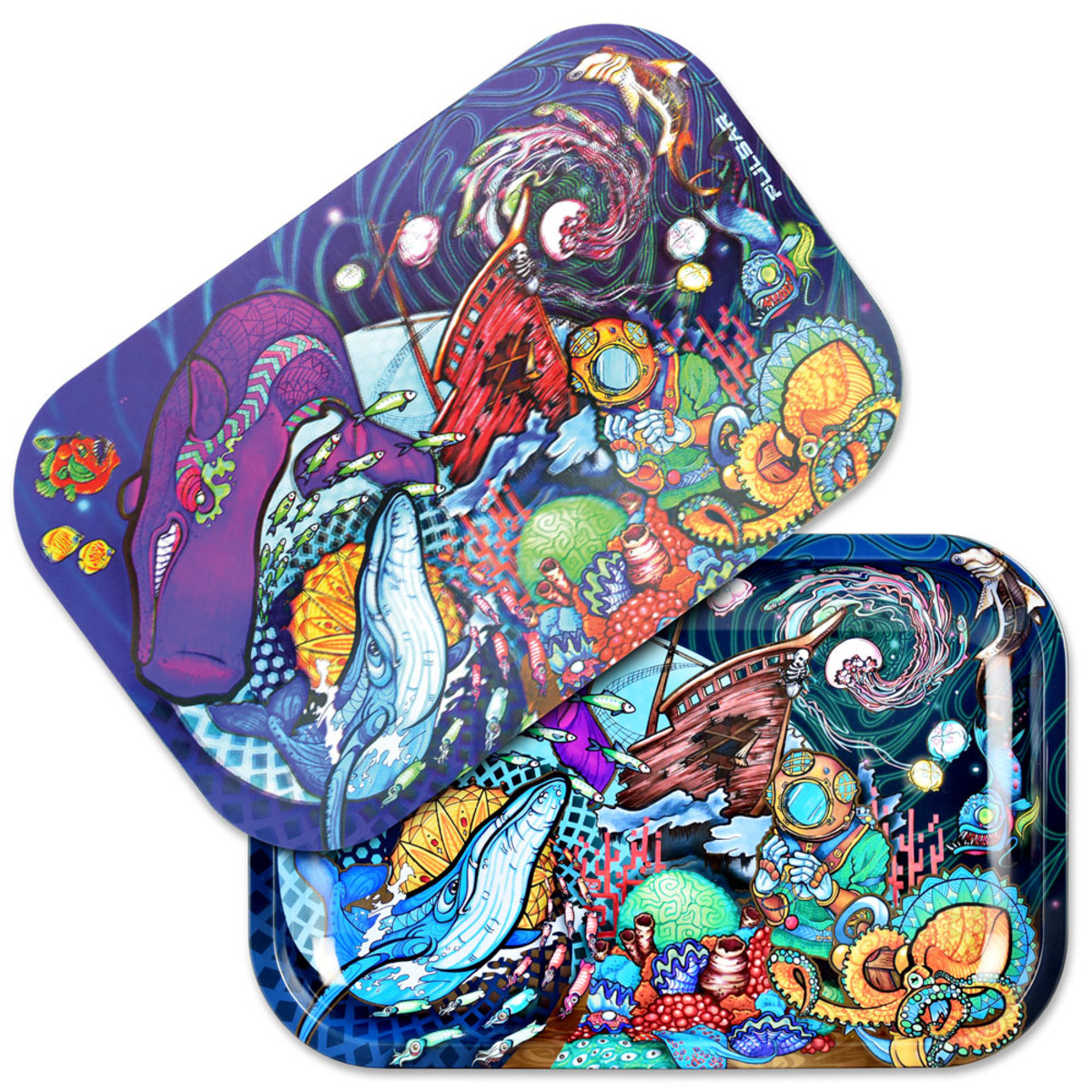 Pulsar Metal Rolling Tray w/ 3D Lid | 11" x 7" Psychedelic Ocean